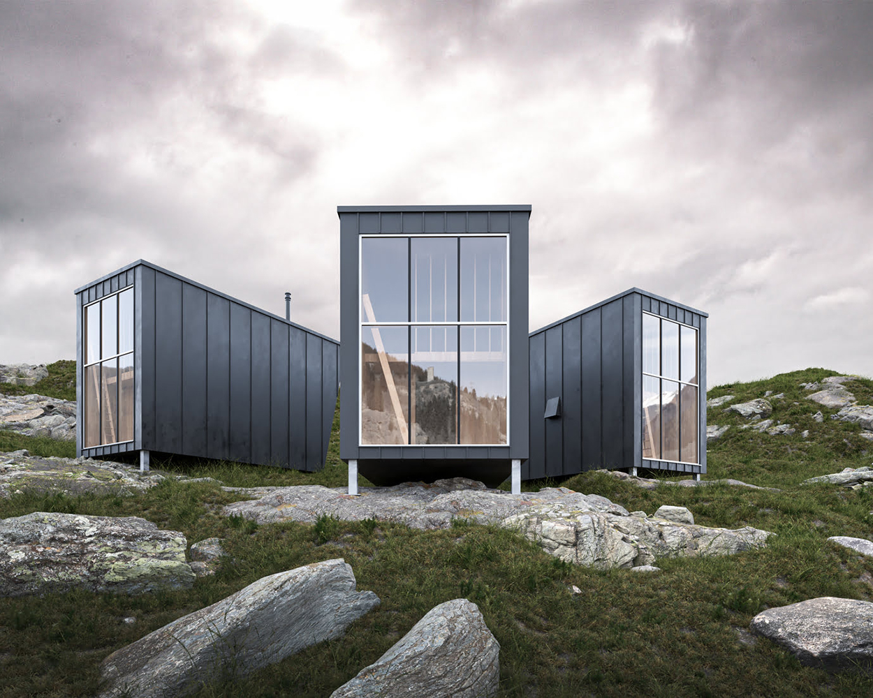 Außenraum Visualisierung mehrerer Tiny Häuser für das Fjordblick Refugium