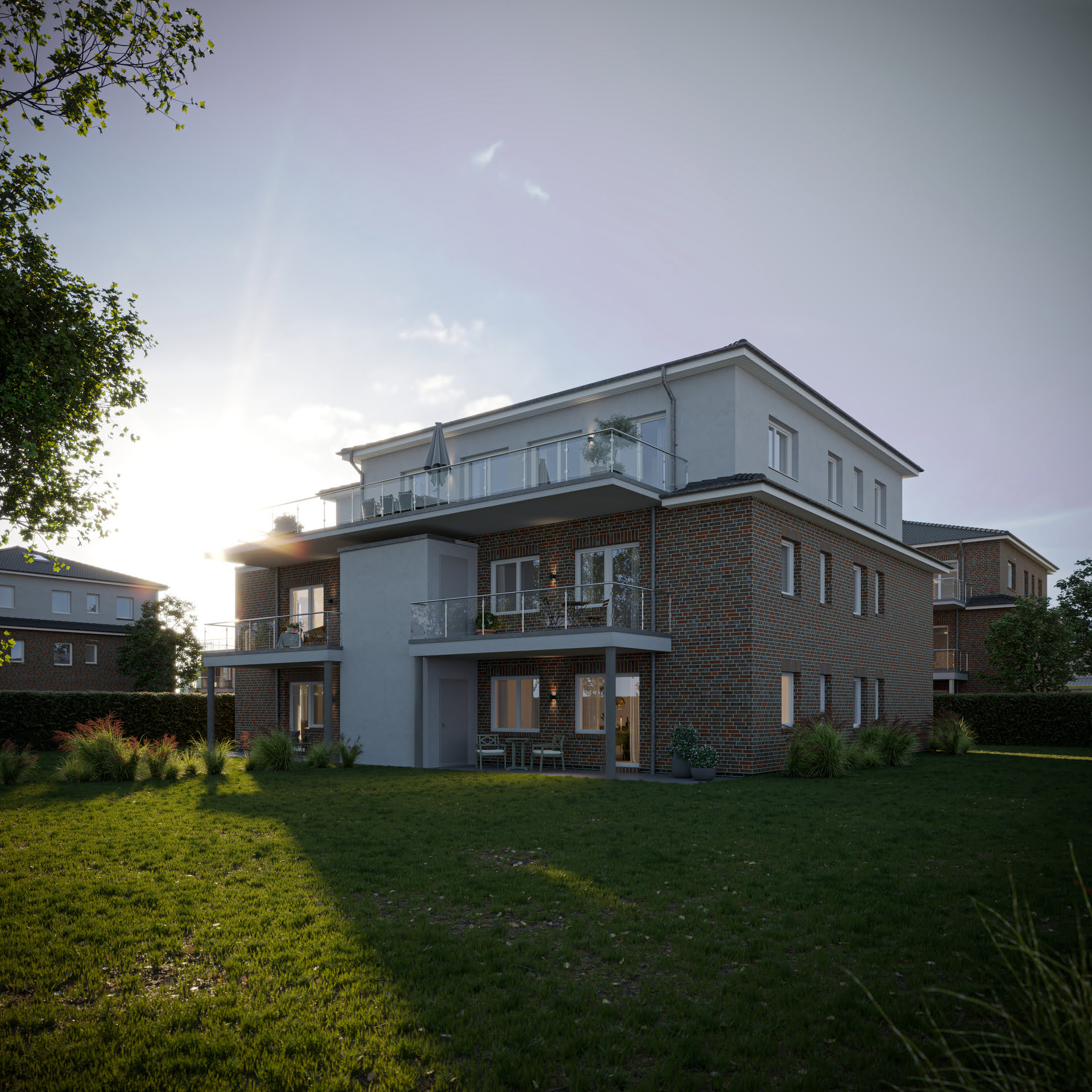 Außenraumvisualisierung eines Wohnhauses auf dem Lindenkamp bei Sonnenuntergang