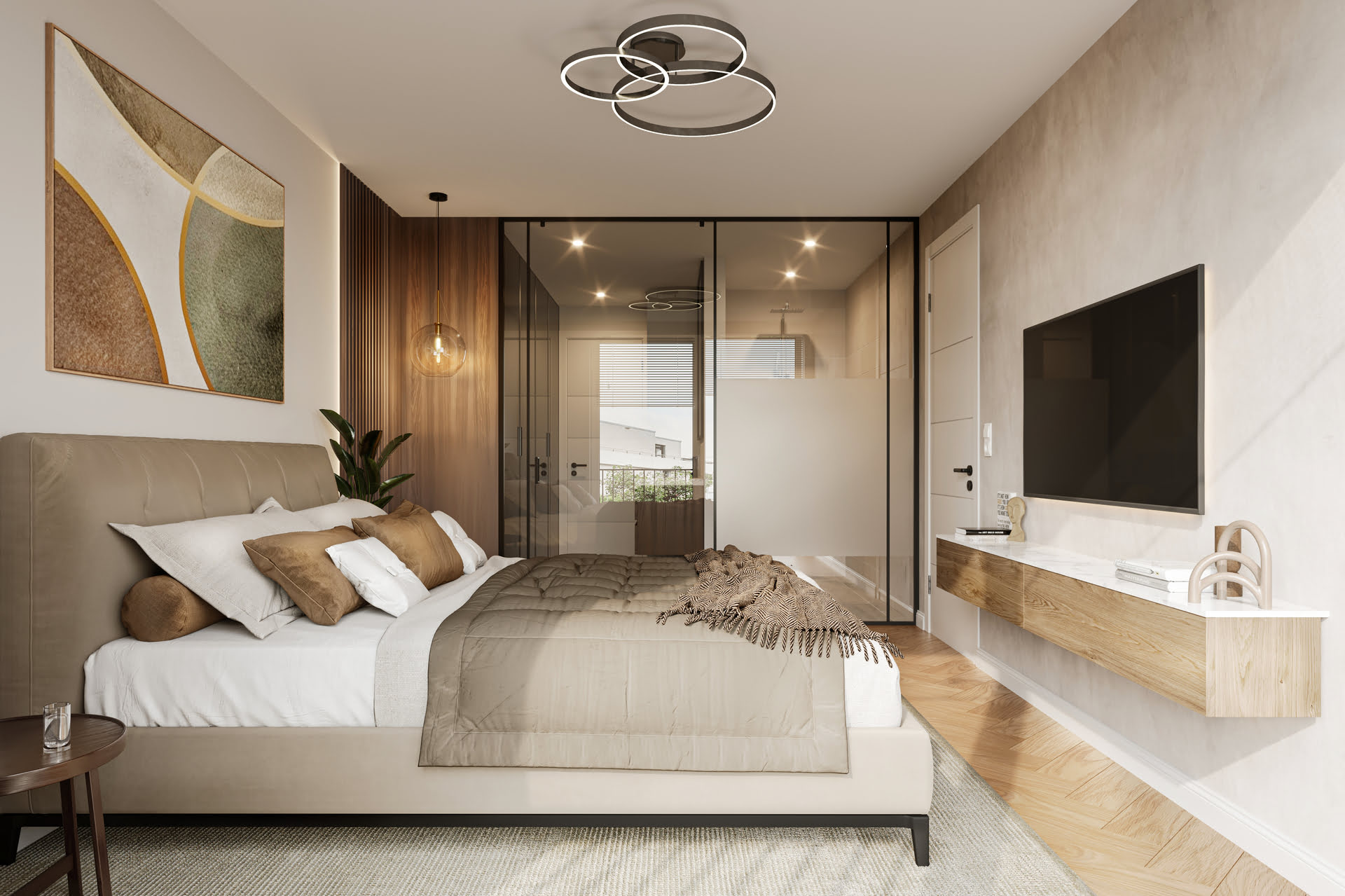 Innenraumvisualisierung eines Schlafzimmers in einem Mehrparteienhaus an der Bismarkstraße