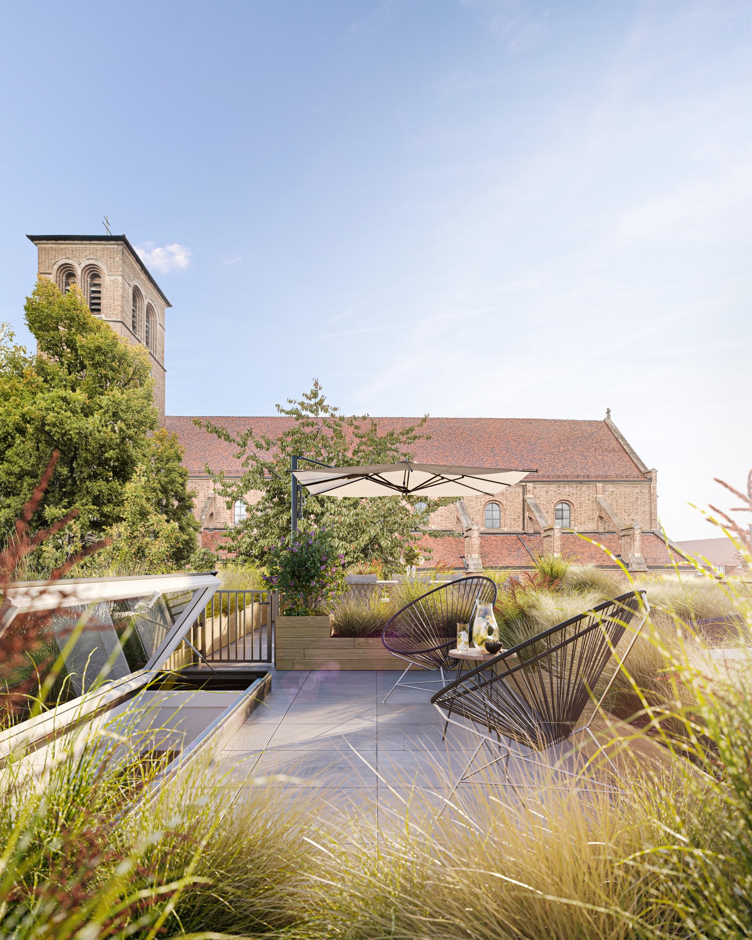 3D Architekturvisualisierung der Dachterrasse eines Mehrparteienhauses an der Bismarkstraße