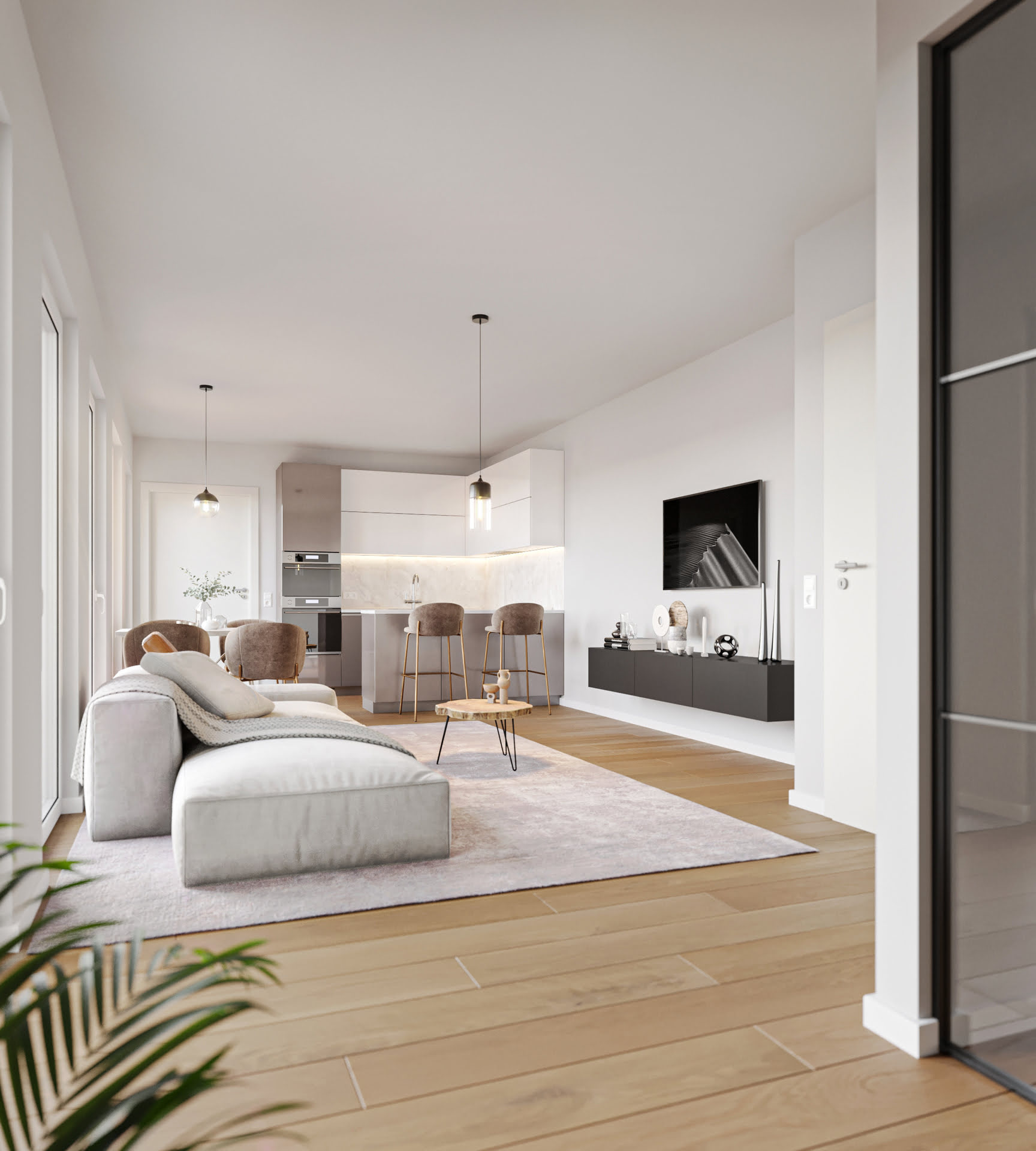 Interior Visualisierung einer kleinen offenen Küche und angrenzendem Wohnraum an der Detmolder-Straße