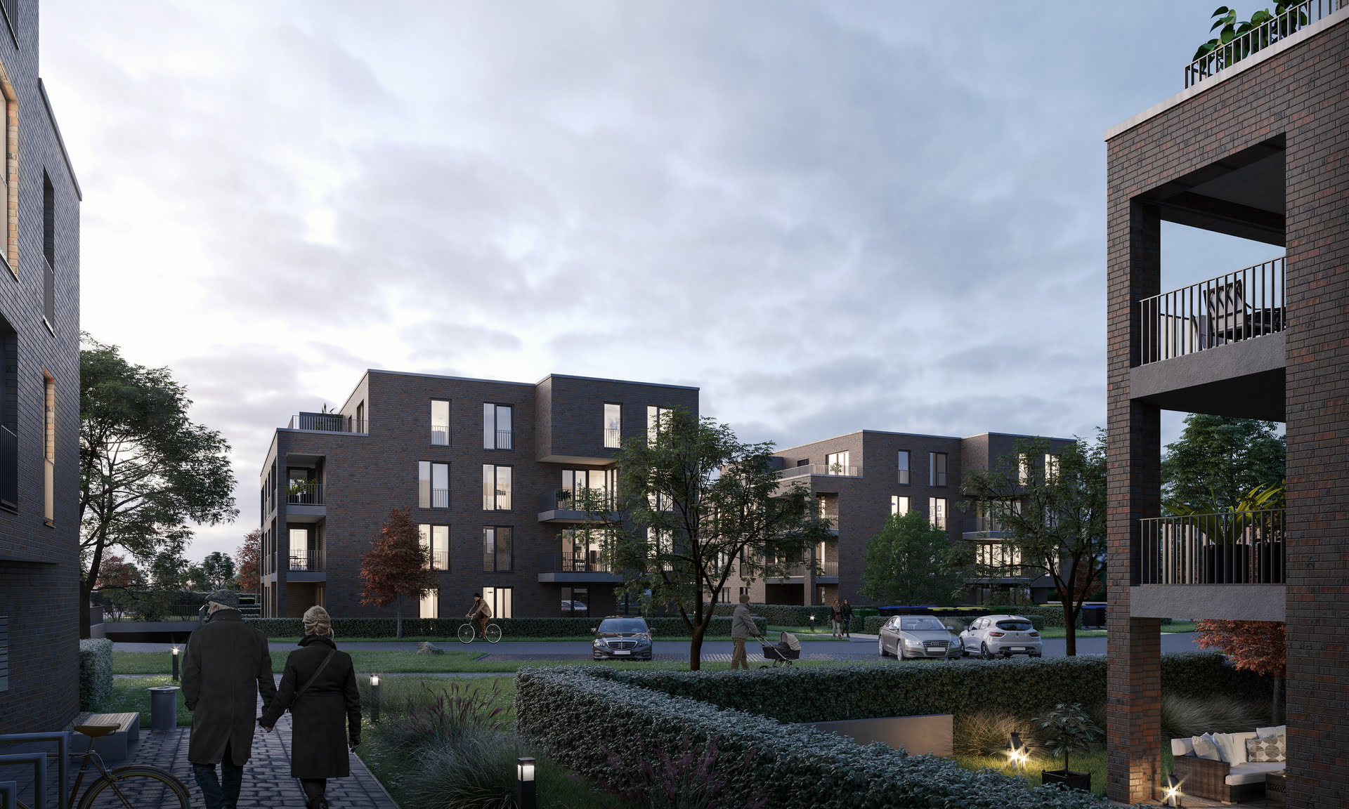 3D Visualisierung eines Mehrparteienhauses am Fleester Forst in der Dämmerung