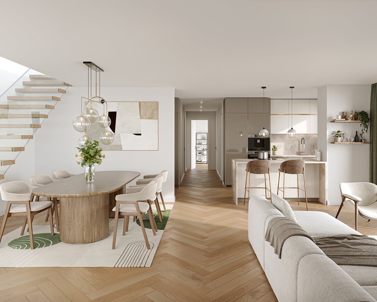 Innenraum Visualisierung der offenen Küche eines Mehrparteienhauses an der Bismarkstraße
