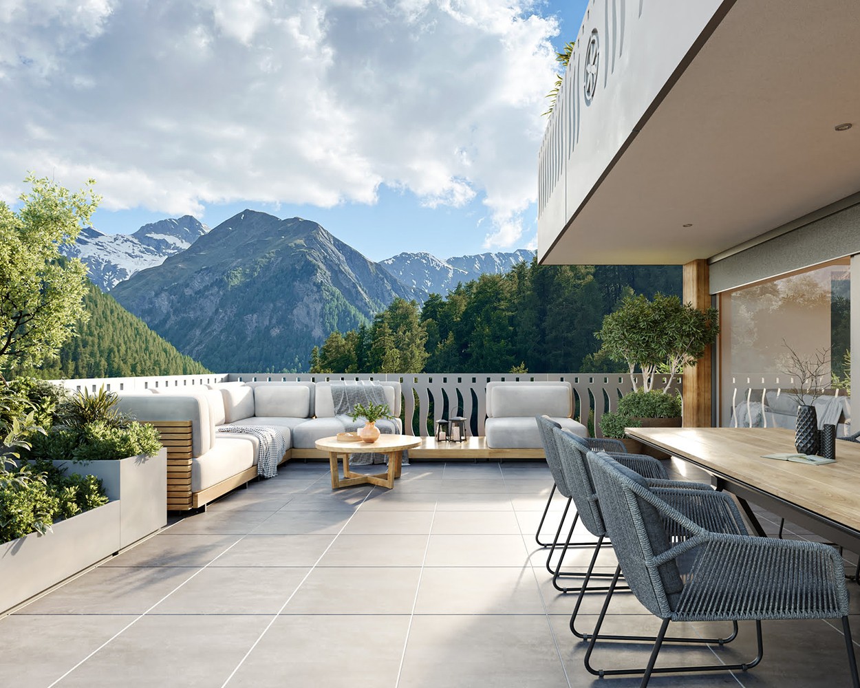 Außenraumvisualisierung eines Balkons des Chalet du Ciel