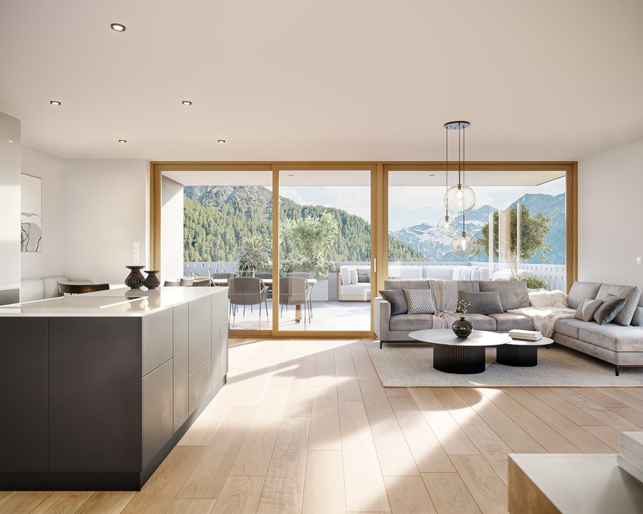 Innenraumvisualisierung eines Balkons des Chalet du Ciel