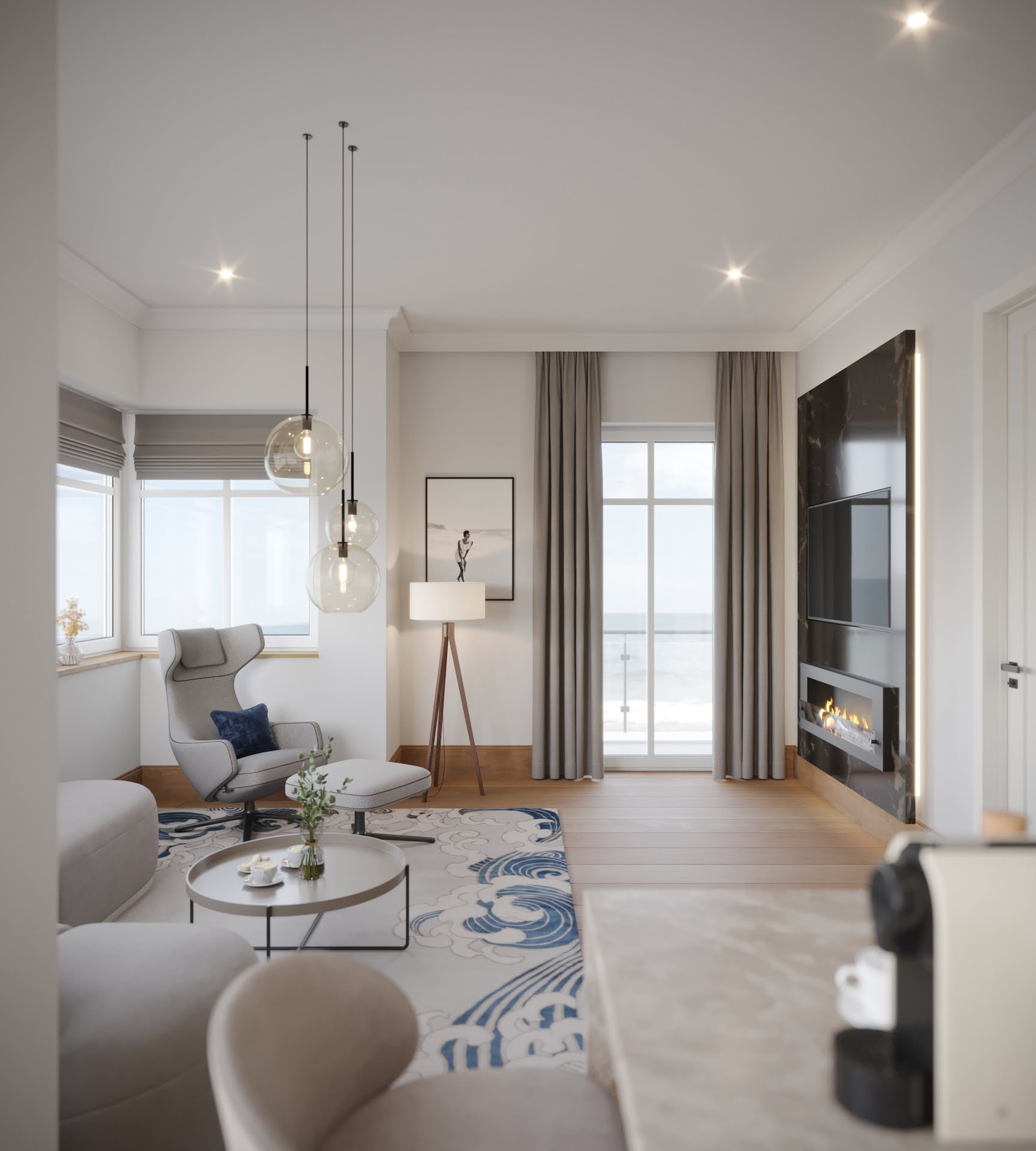 Innenraumvisualisierung eines Wohnzimmers mit Kamin im Hotel Mare Balticum