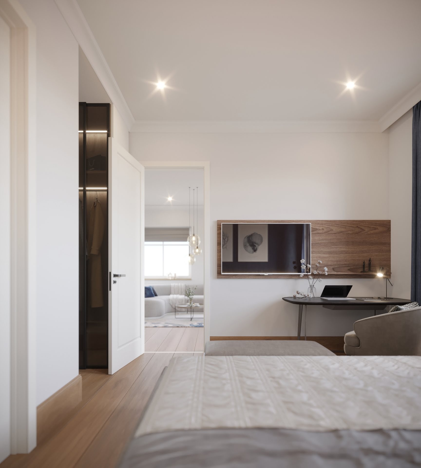 Innenraumvisualisierung eines Schlafzimmers mit Kleiderschrank im Hotel Mare Balticum