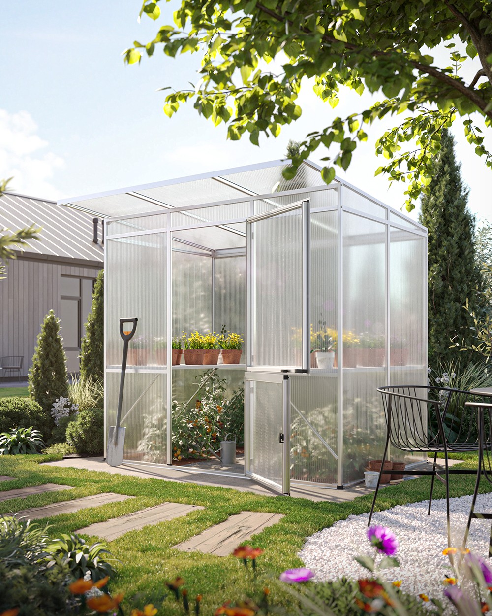 Produktvisualisierung eines weißen Gewächshauses aus Glas im Garten