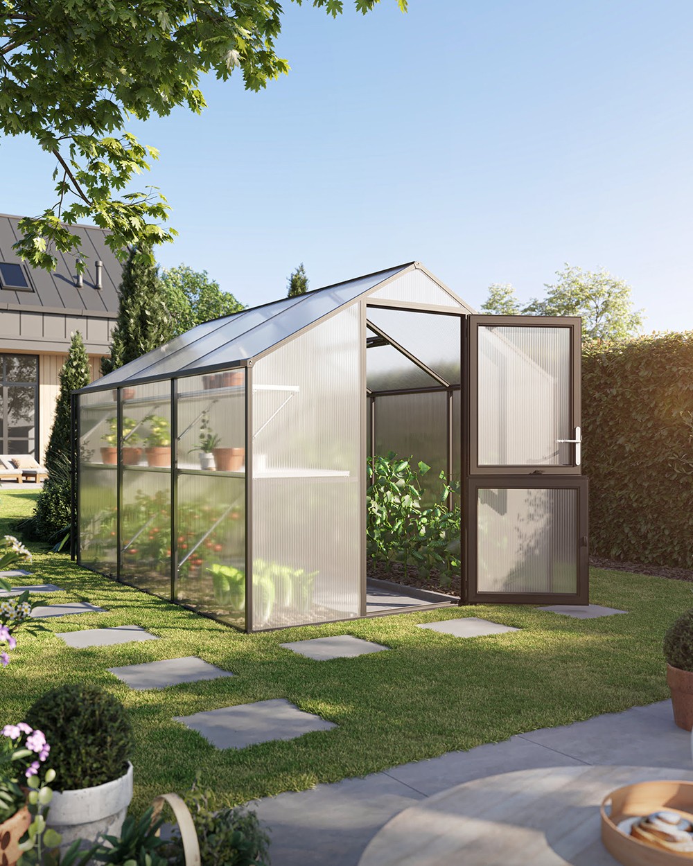 Produktvisualisierung eines Gewächshauses aus Glas im Garten