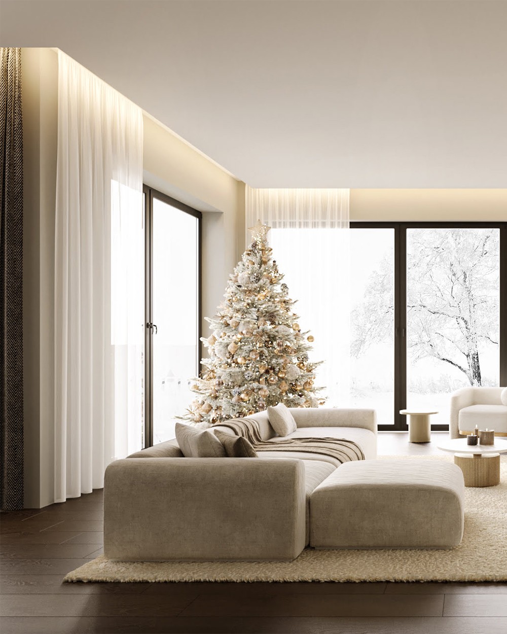Innenraumvisualisierung eines Wohnbereiches an Weihnachten mit Winterlandschaft