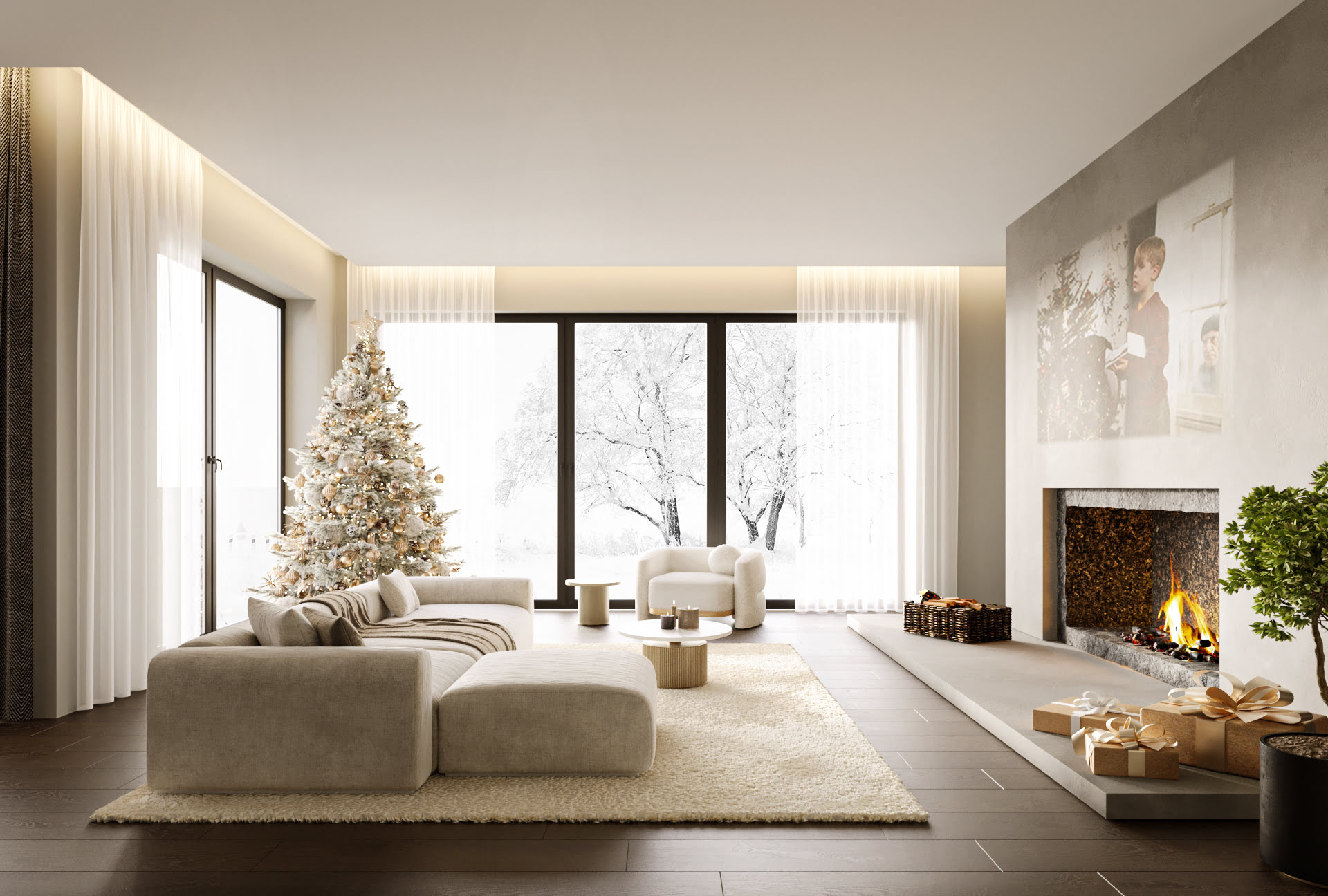 Innenraumvisualisierung eines Wohnbereiches an Weihnachten