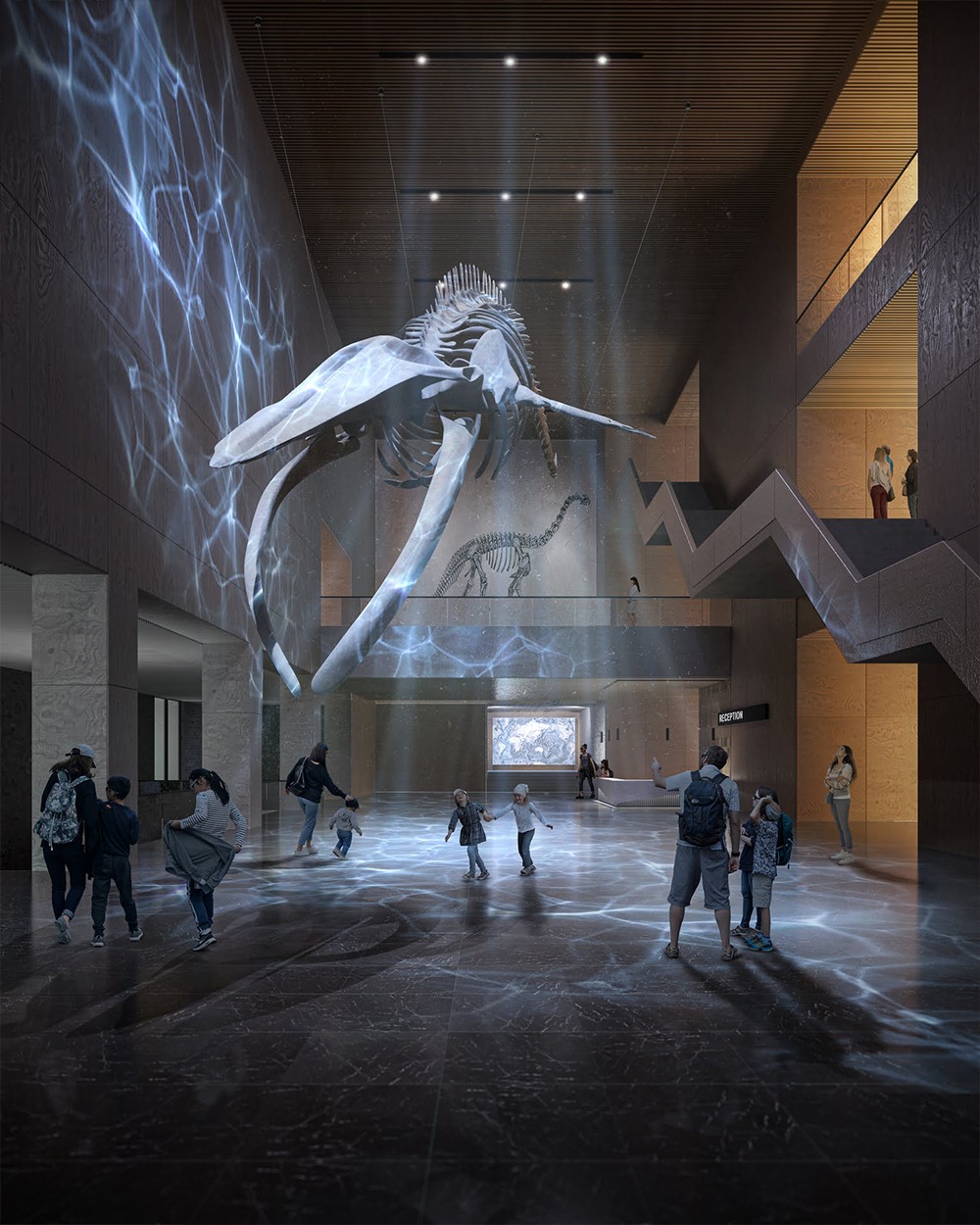 Innenraumvisualisierung eines Museums mit dem Skelett von einem Wal