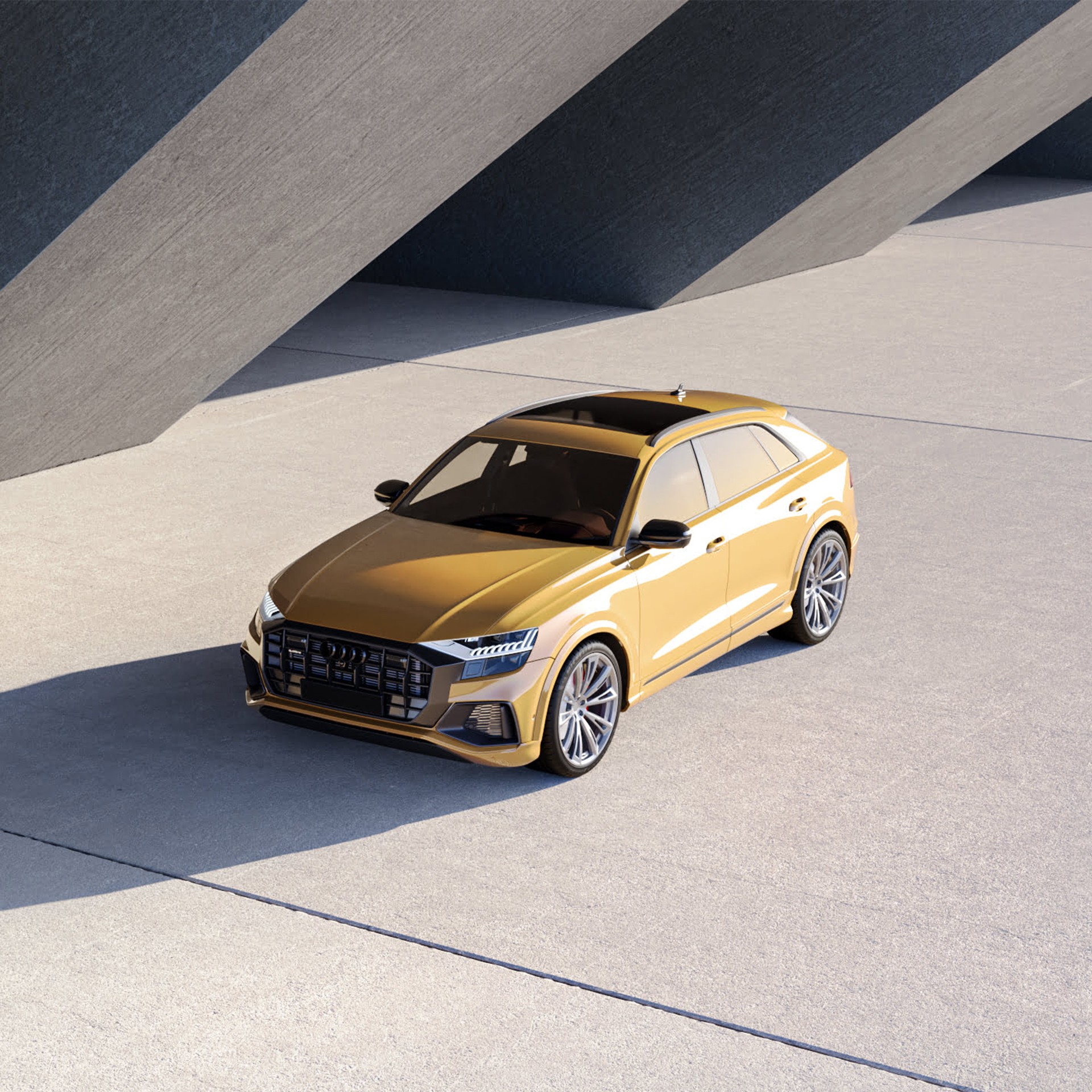 Produktvisualisierung eines gelben Audi bei Sonnenschein