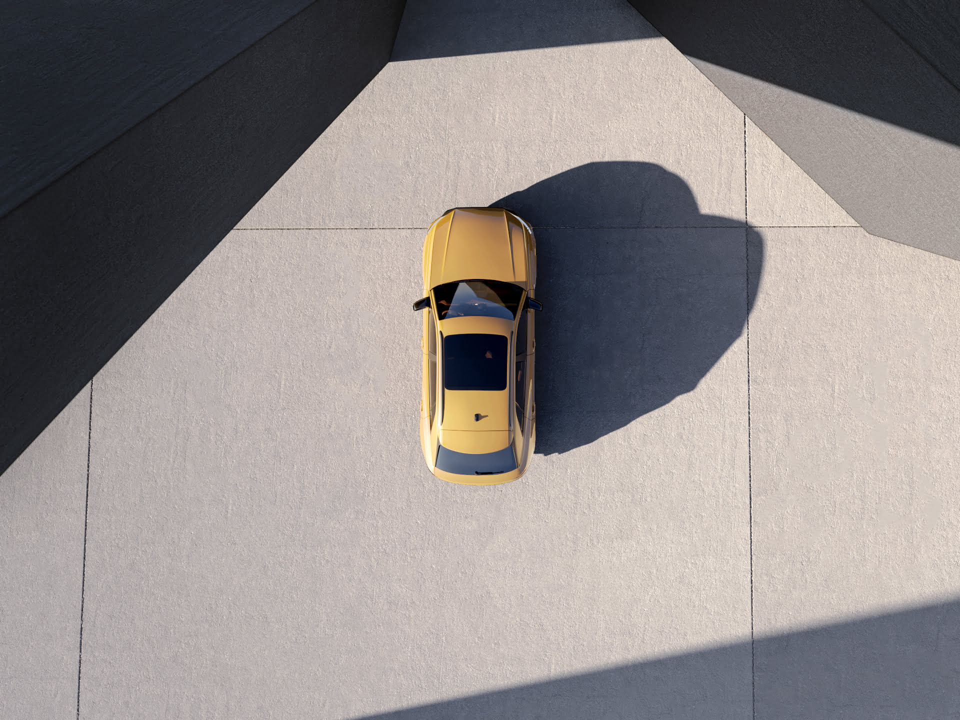 Produktvisualisierung eines gelben Audi bei Sonnenschein von oben