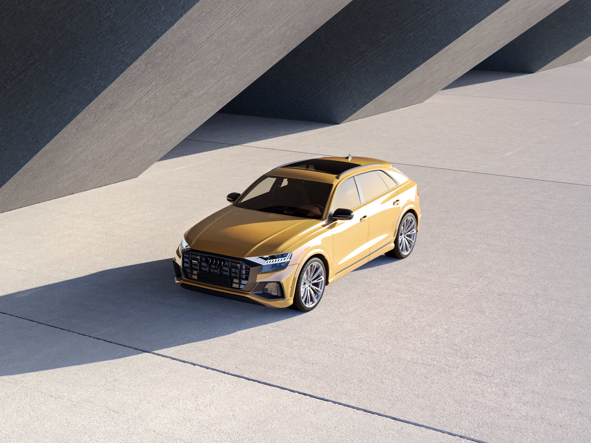 Produktvisualisierung eines gelben Audi bei Sonnenschein