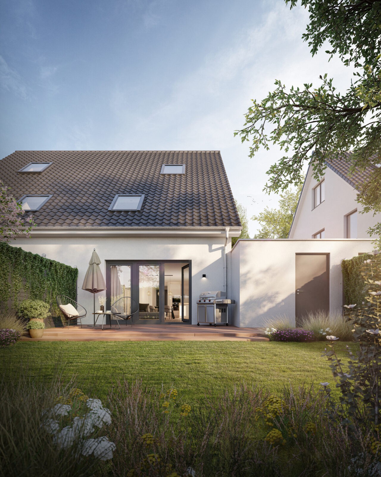 3D-Visualisierung von einem Doppelhaus in Duisburg als Gartenansicht
