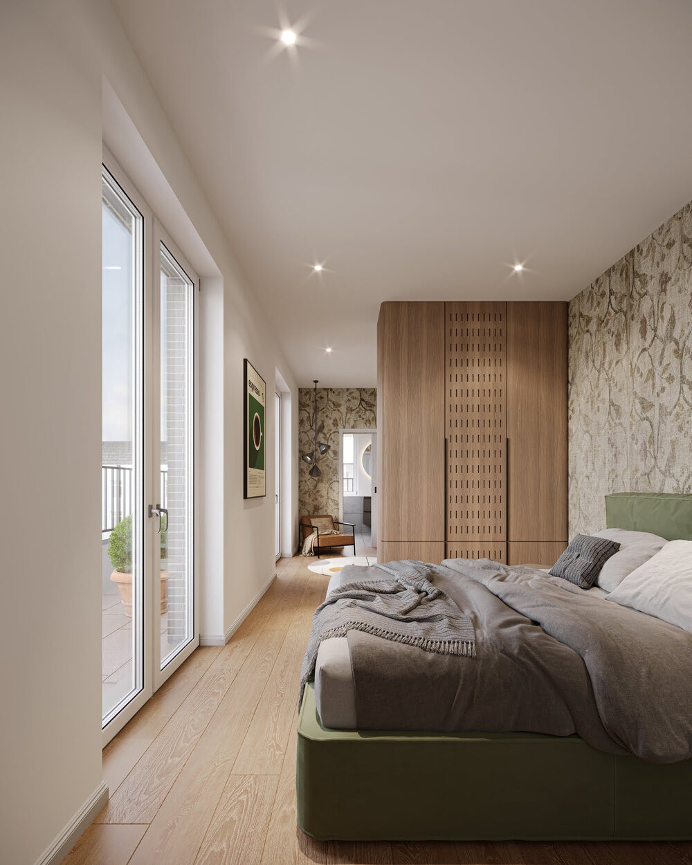 3D Visualisierung eines Schlafzimmers mit Dachterrasse