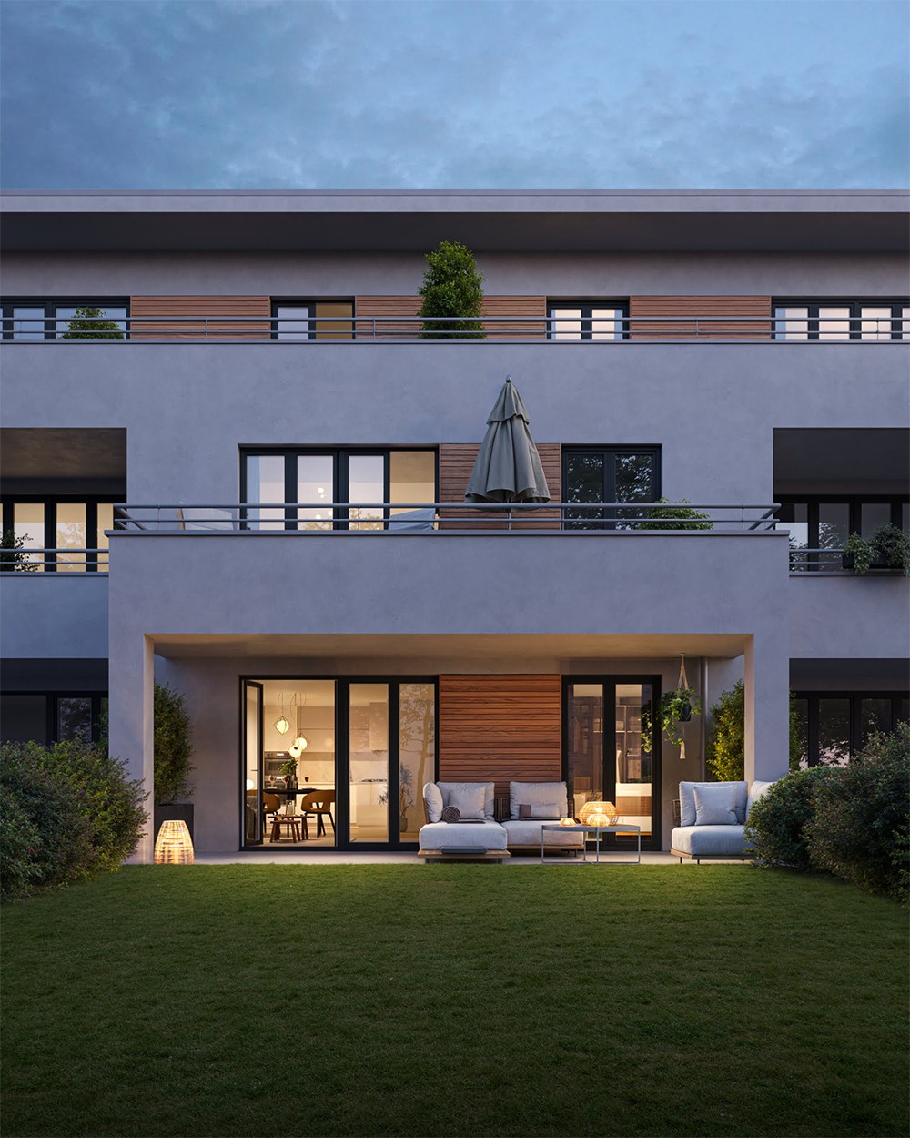 3D Visualisierung eines Gartens von einem Mehrfamilienhaus bei Nacht