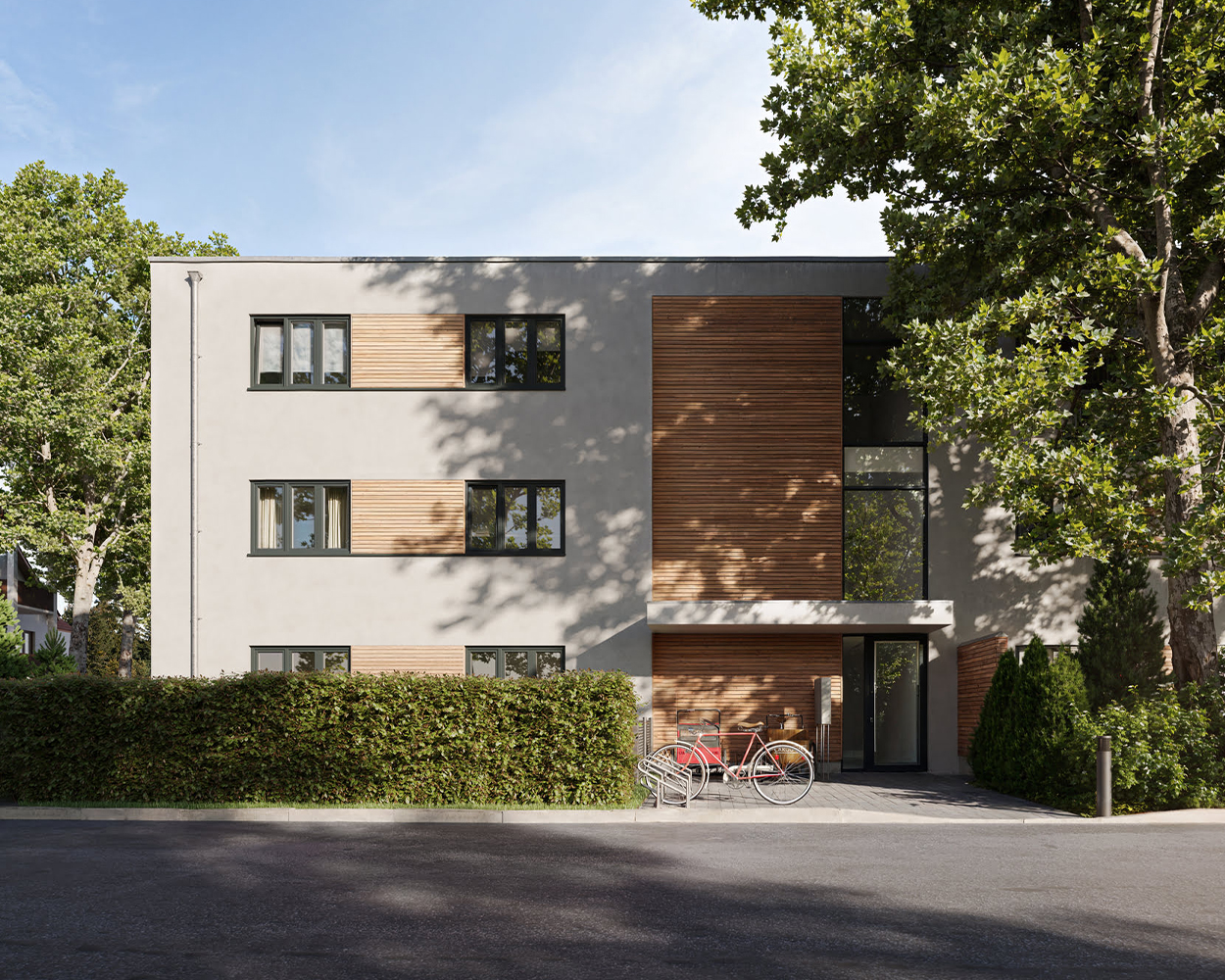 3D Visualisierung eines Mehrfamilienhauses mit Putzfassade und Holzlamellen