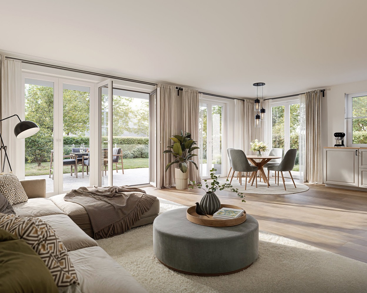 Architekturvisualisierung von einer Wohnung im Erdgeschoss mit angrenzendem Garten