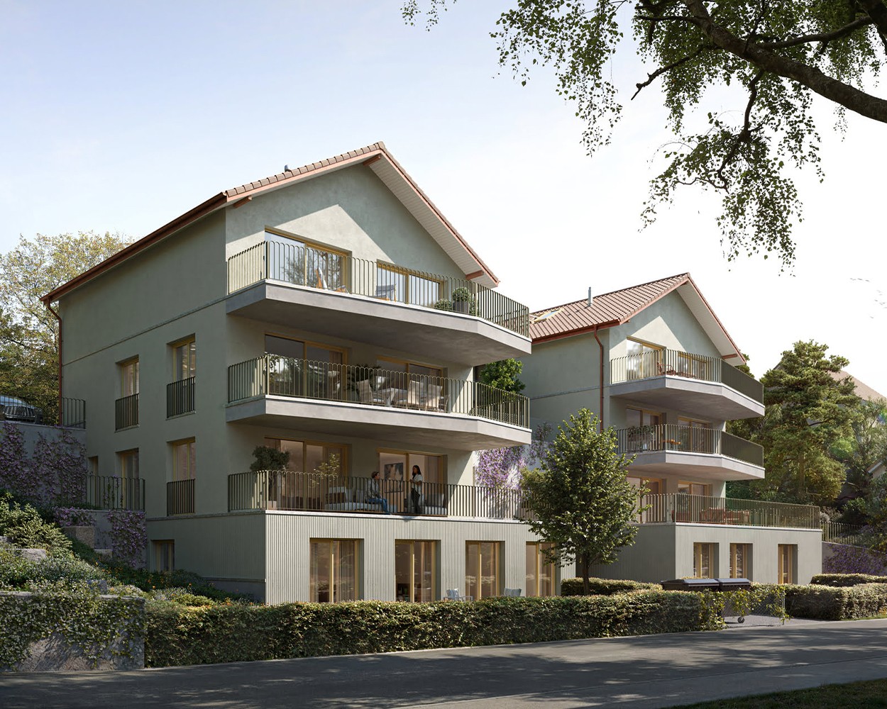 3D Architekturvisualisierung eines Mehrfamilienhauses mit Putzfassade in Wallisellen