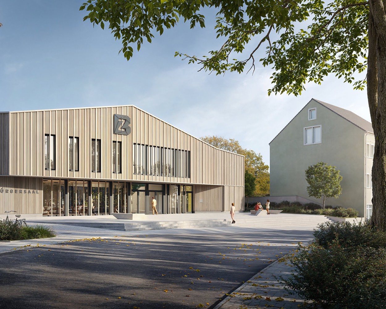 3D Visualisierung von einem Bürgersaal mit Holzlamellenfassade