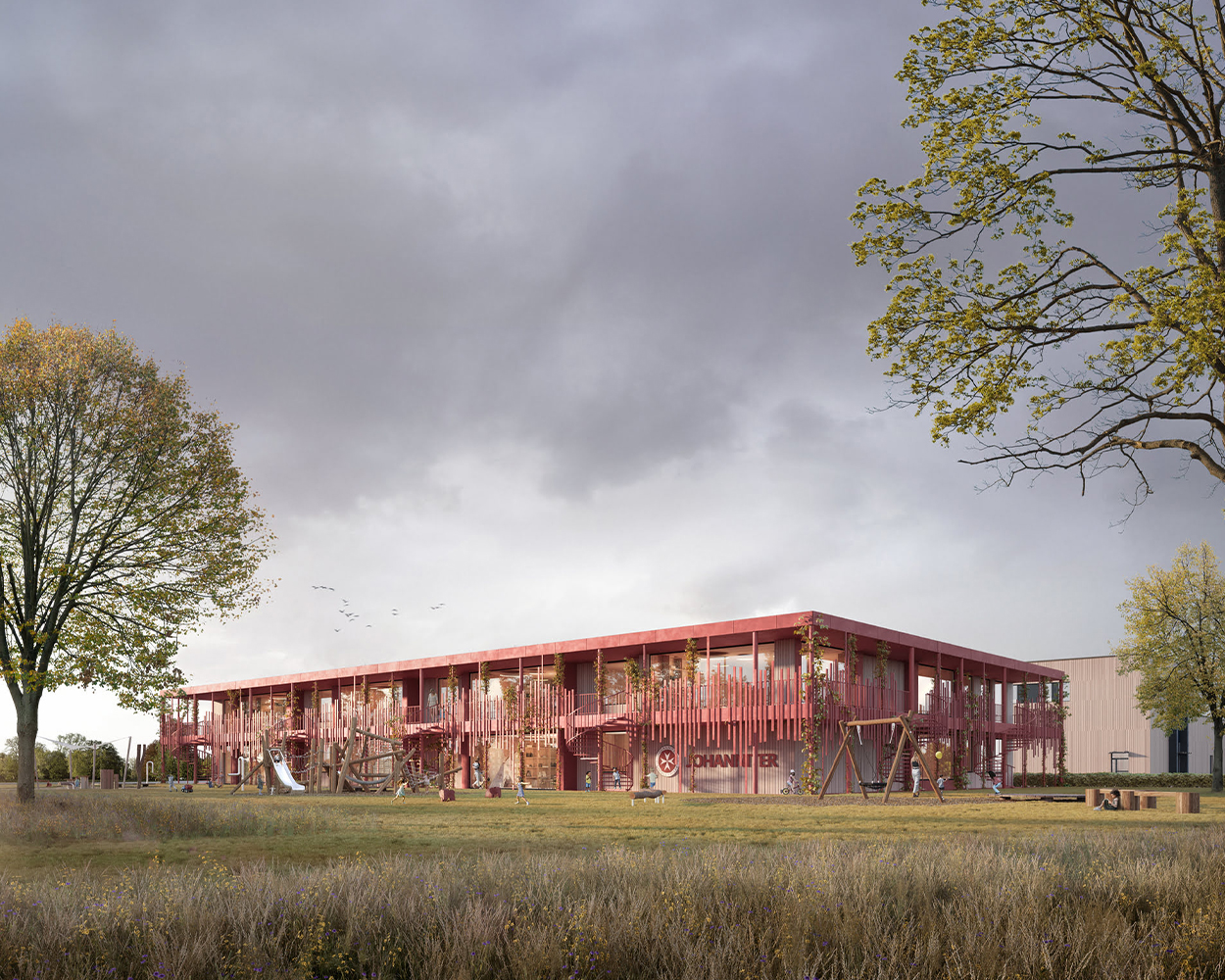Architekturvisualisierung für einen Wettbewerb einer roten Kita in Hannover
