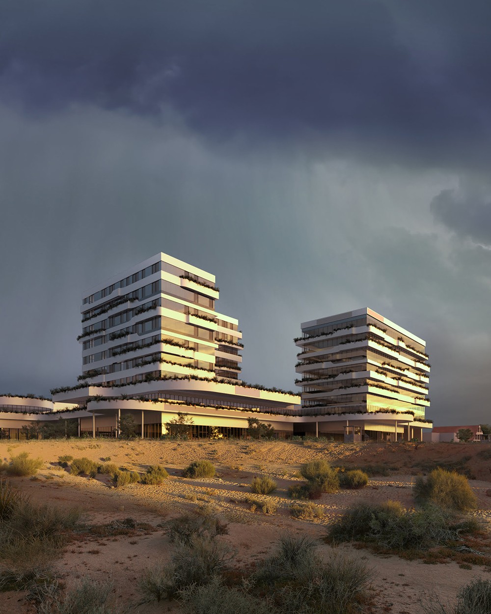 Architekturvisualisierung einer EInkaufsmall und einer regnerischen Stimmung nach einem Sturm