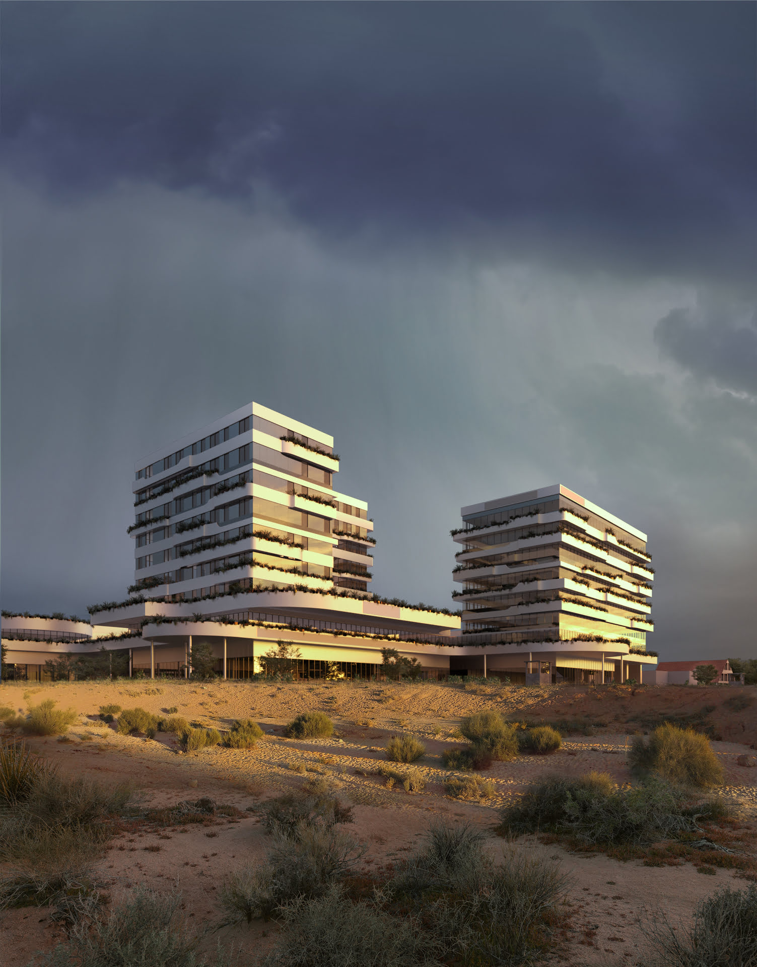 Architekturvisualisierung einer EInkaufsmall und einer regnerischen Stimmung nach einem Sturm