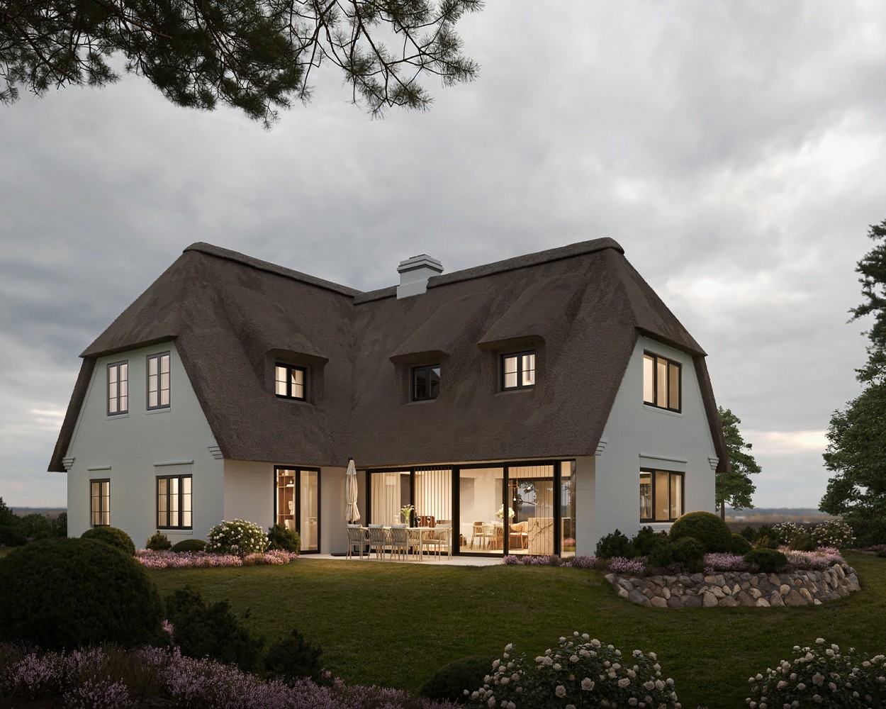 Außenraumvisualisierung eines Einfamilienhauses mit Reetdach auf Sylt