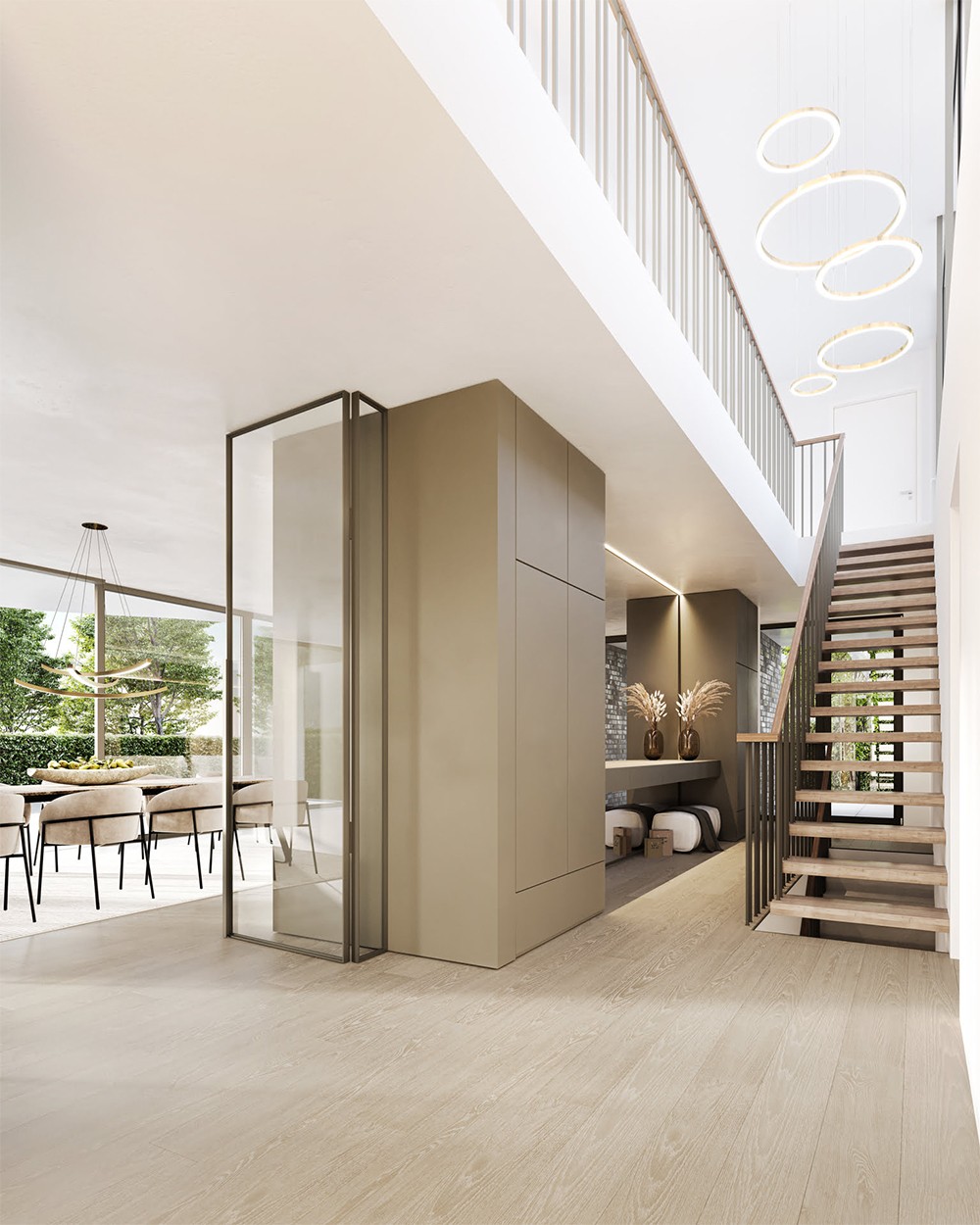 Innenraumvisualisierung von einem modernen Flur in einem Architektenhaus