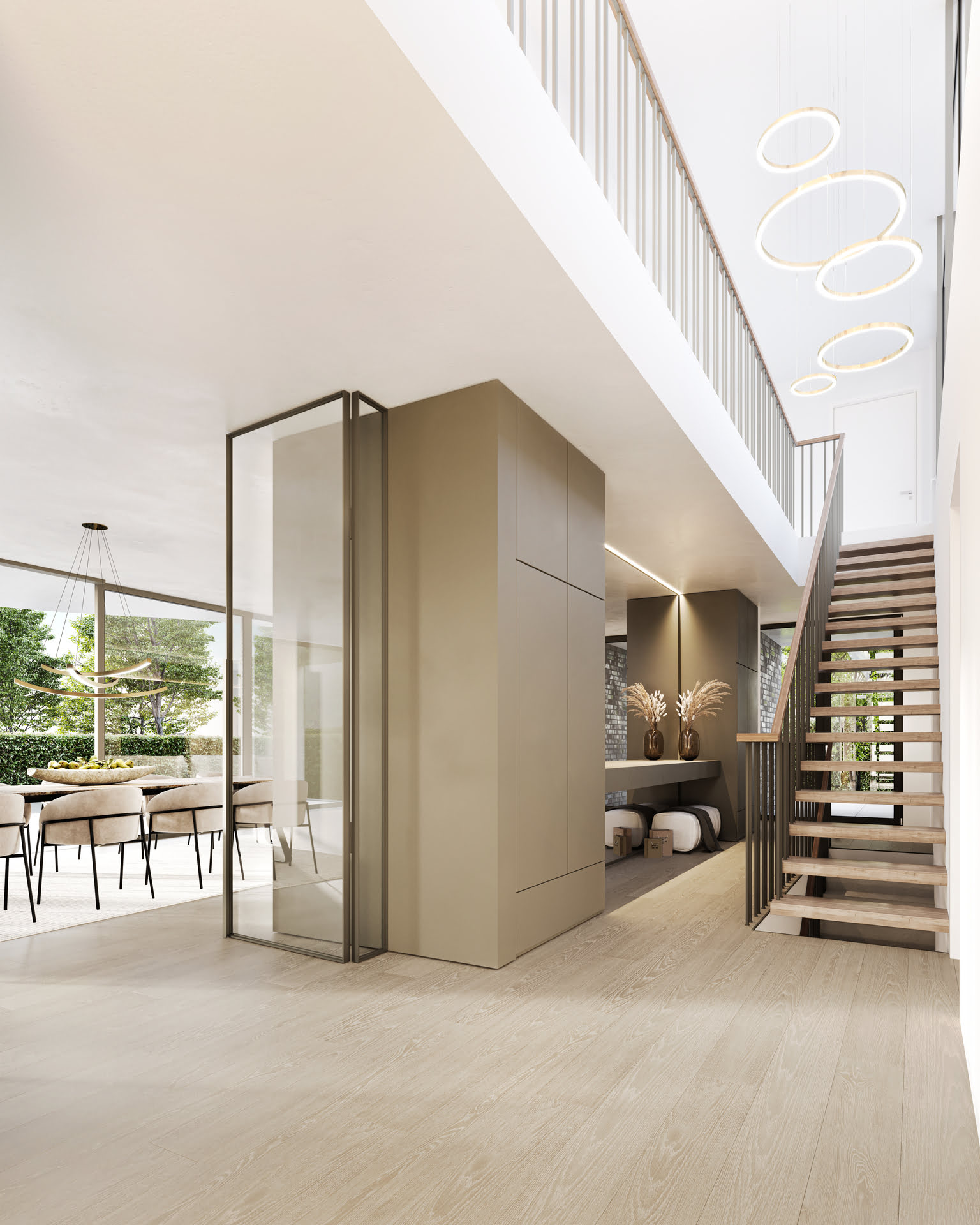 Innenraumvisualisierung von einem modernen Flur in einem Architektenhaus